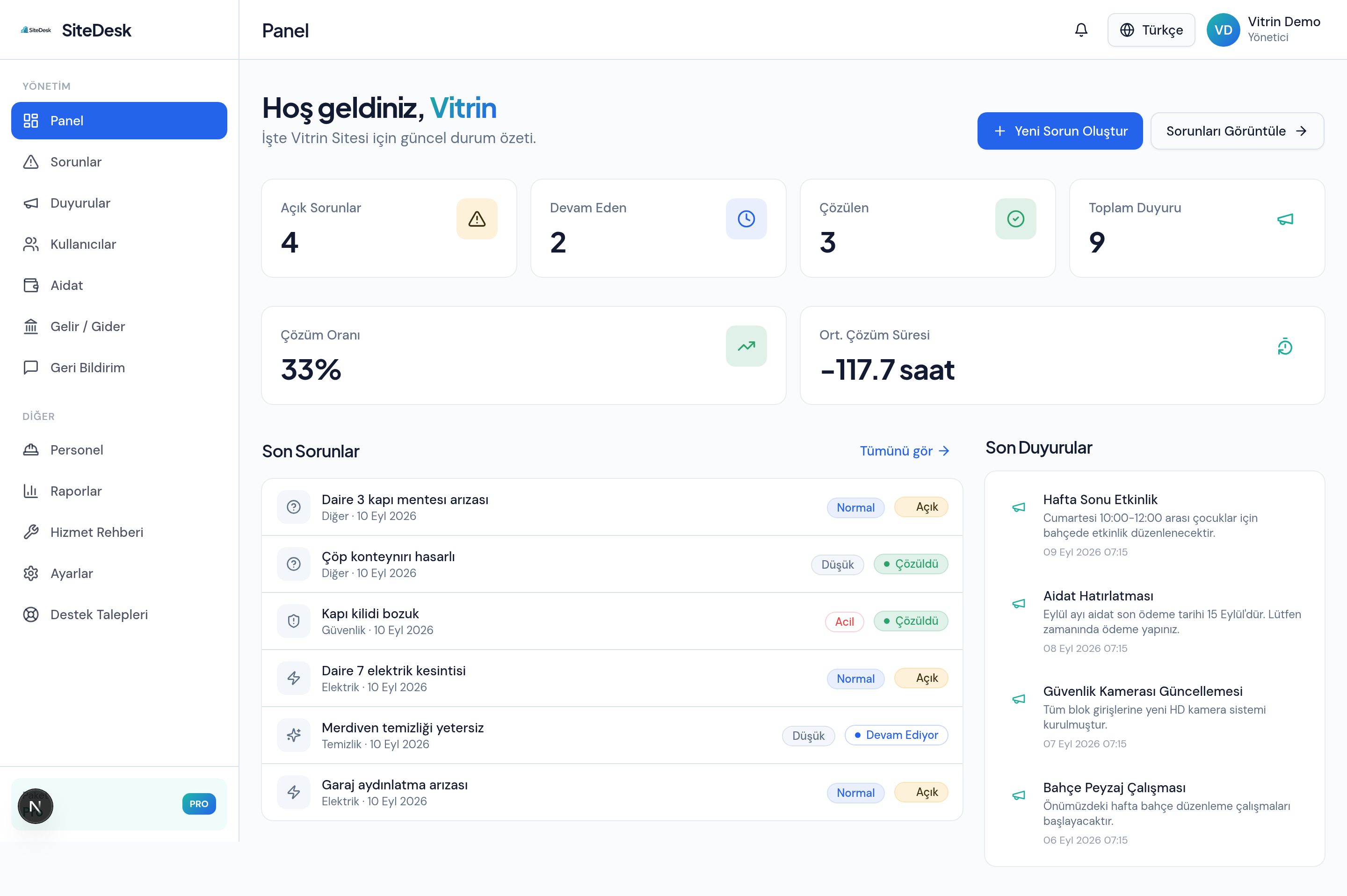 SiteDesk yönetim paneli — site yöneticisi kontrol ekranı